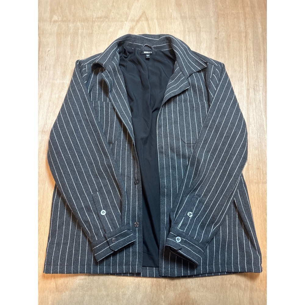 Fashion Nova Men Pinstripe Shirt Jacket Charcoal Grey White Stripe Size L